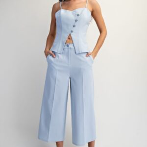 Conjunto de pantalon y blusa de botones celeste